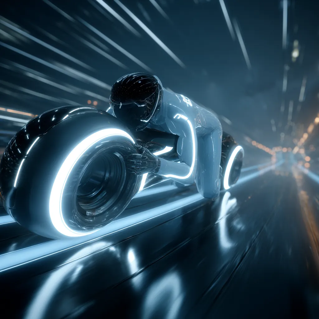 A rider on a light-trail motorcycle racing through a tunnel