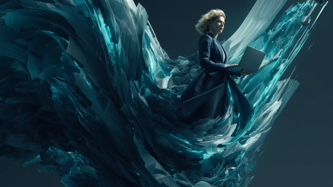A litigator rising on a wave of documents, laptop in hand