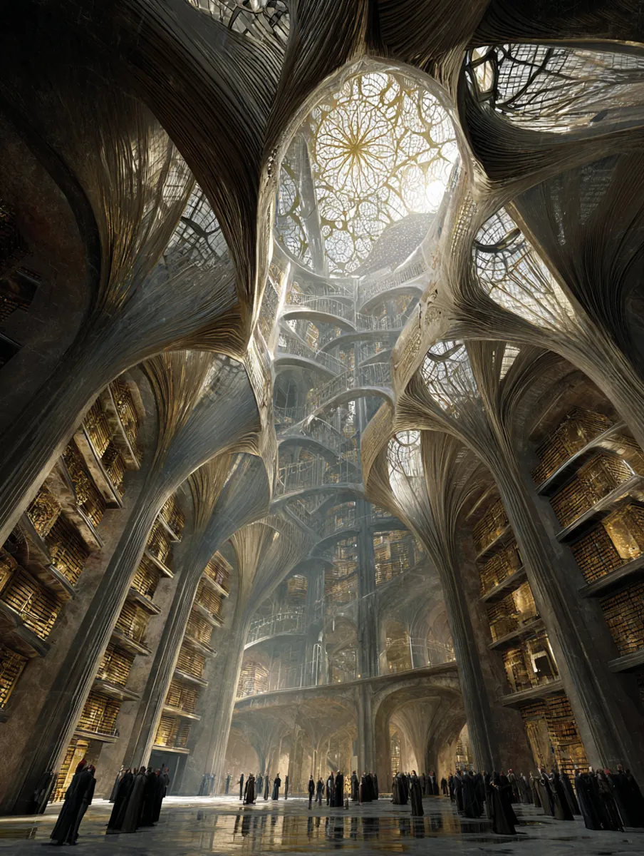 A vast library with towering shelves
