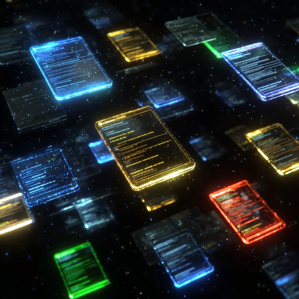 Glowing document cards, a few highlighted as responsive