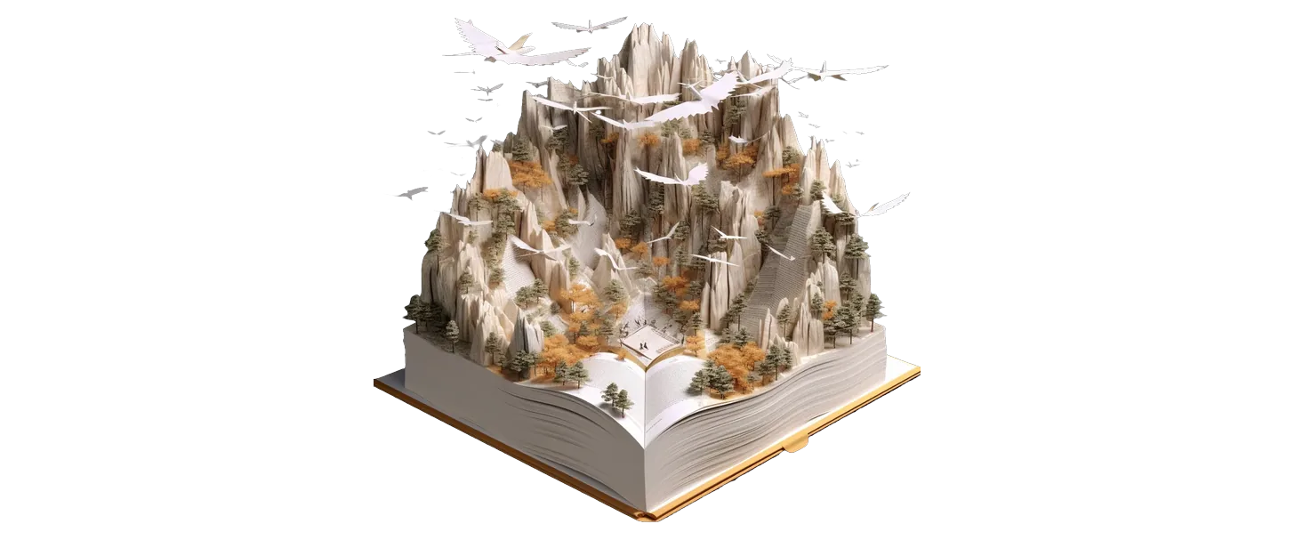 A paper sculpture of a mountain range rising out of an open book, paper birds circling the peaks