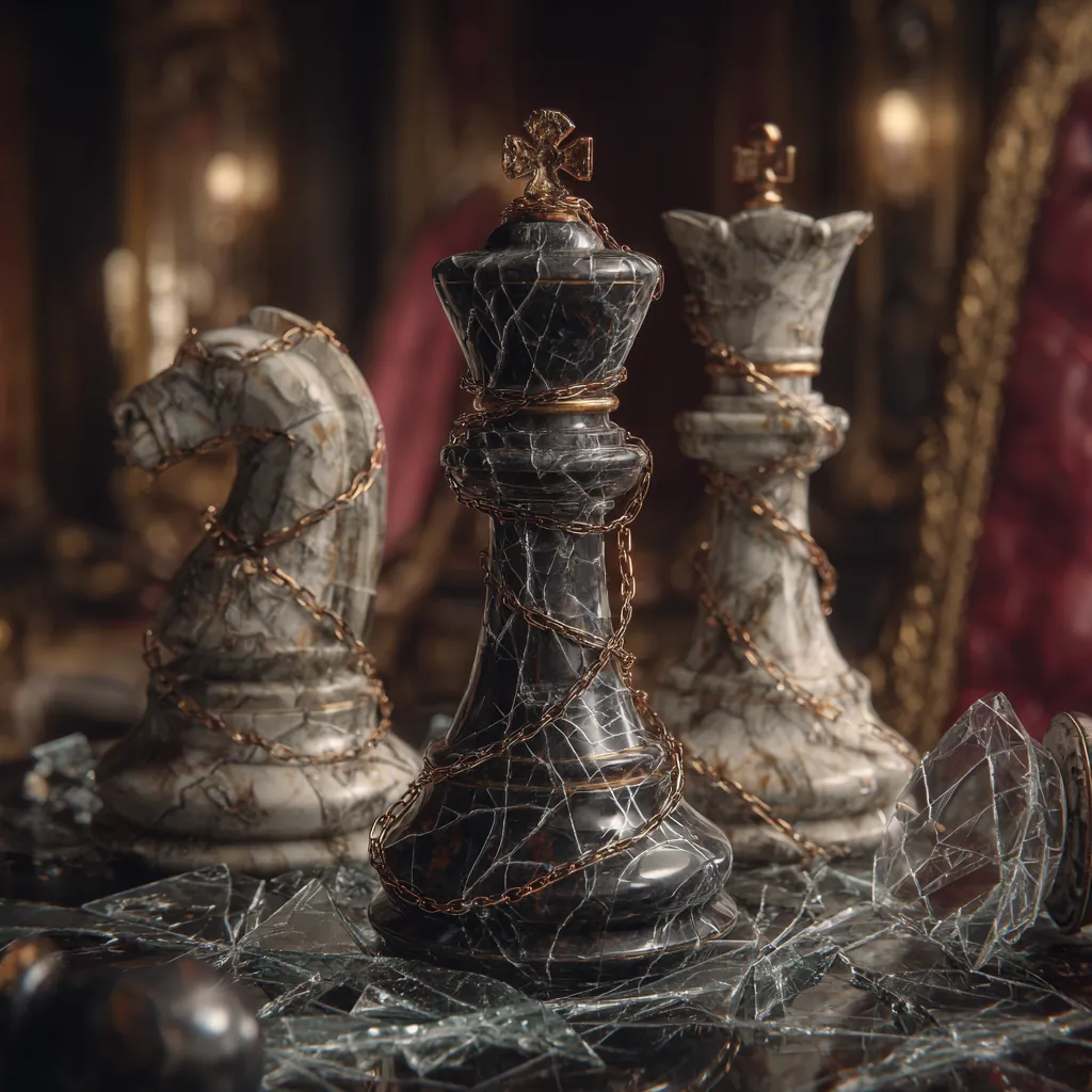 Chess pieces bound by chains on a cracked board