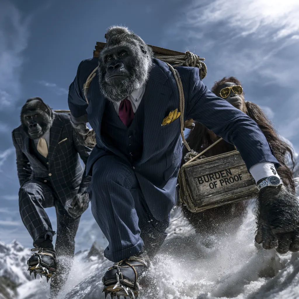 A gorilla in a suit hauling a crate marked Burden of Proof up a snowy summit