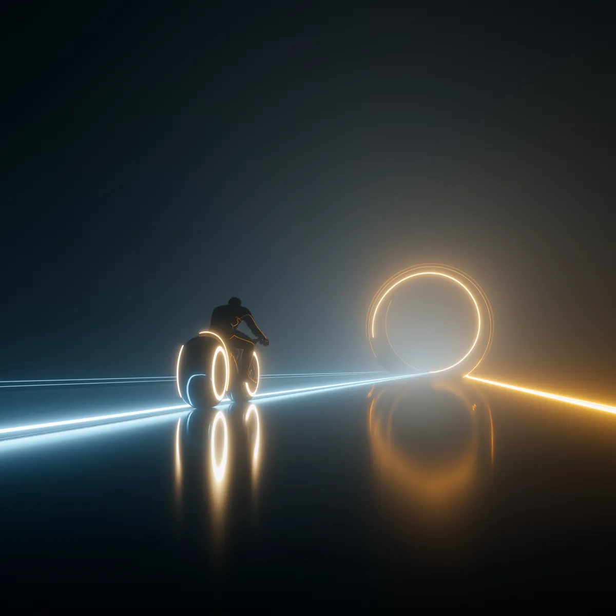 A light-trail rider heading into a ring of light