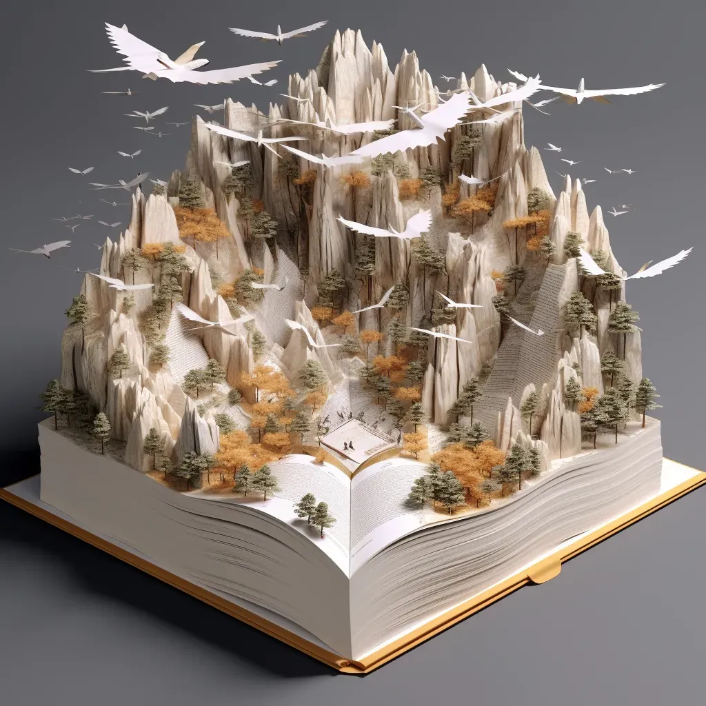 An open book with a mountain landscape rising from its pages
